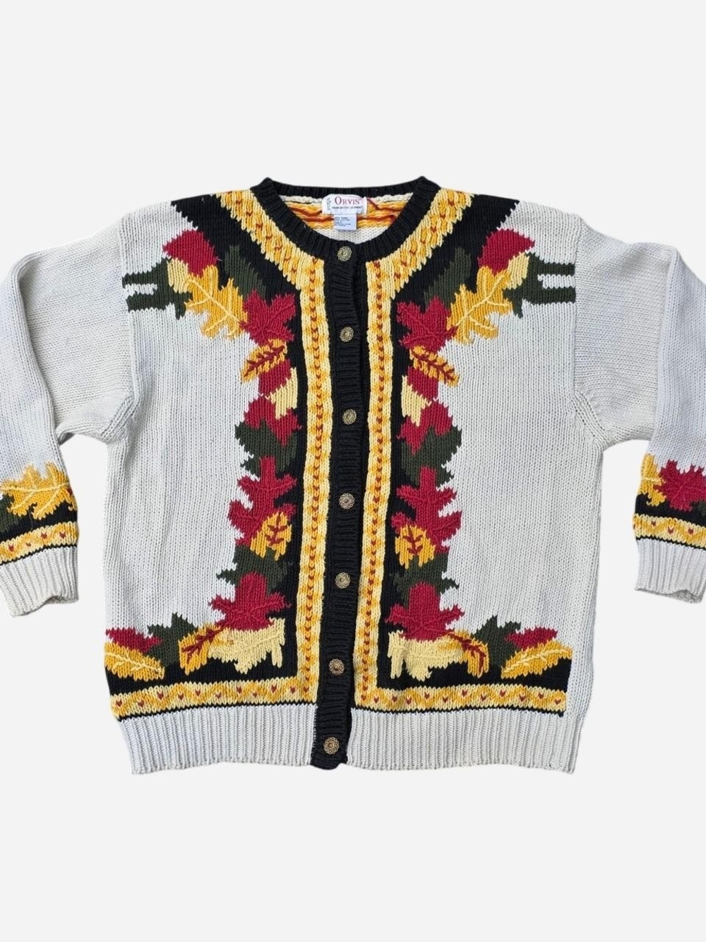 Vintage Orvis Autumn Leaves Intarsia Knit Cardigan Sweater Size L - Picture 4 of 8
